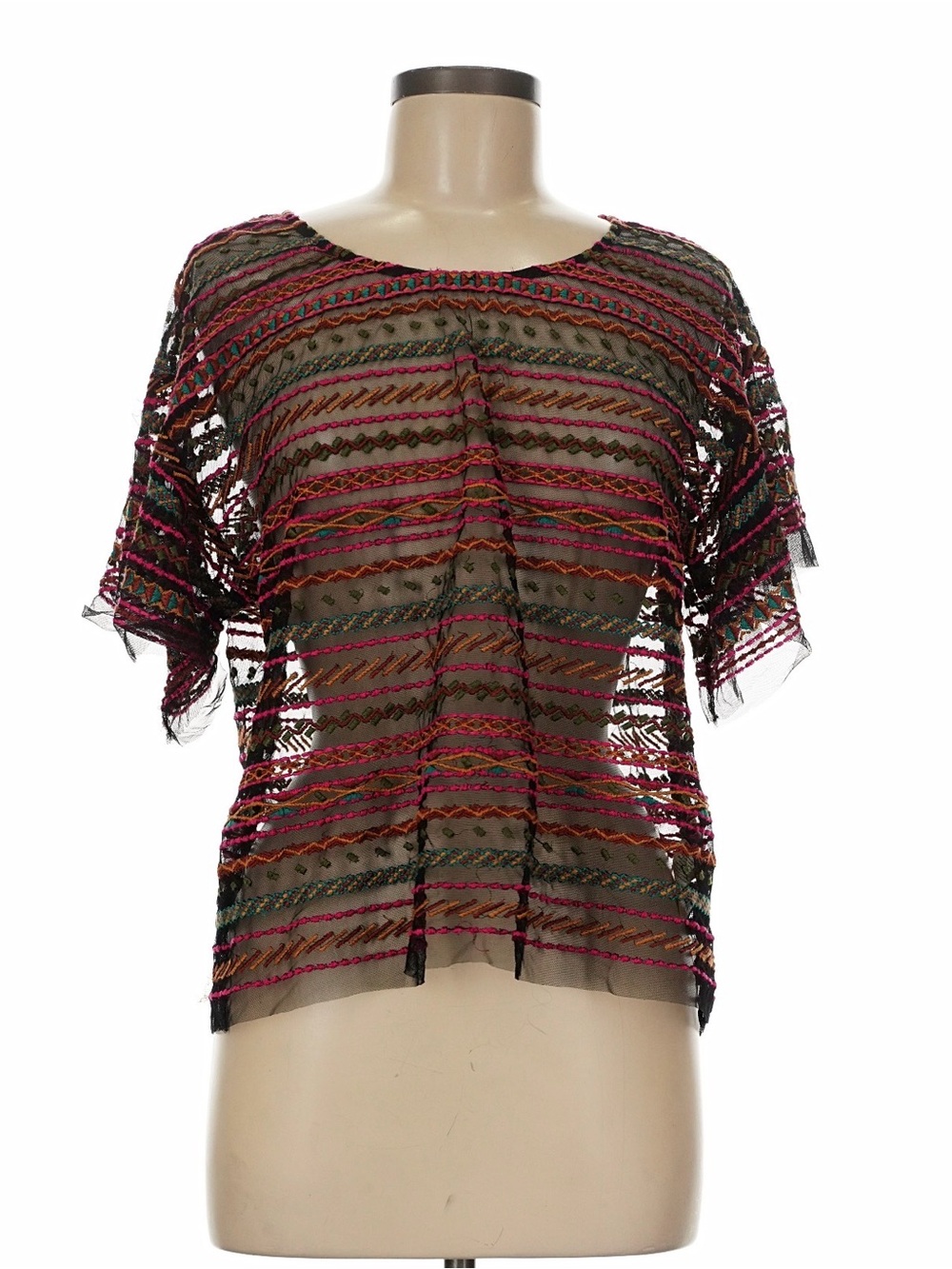Maeve Multicolor Sheer Embroidered Short Sleeve Top EUC